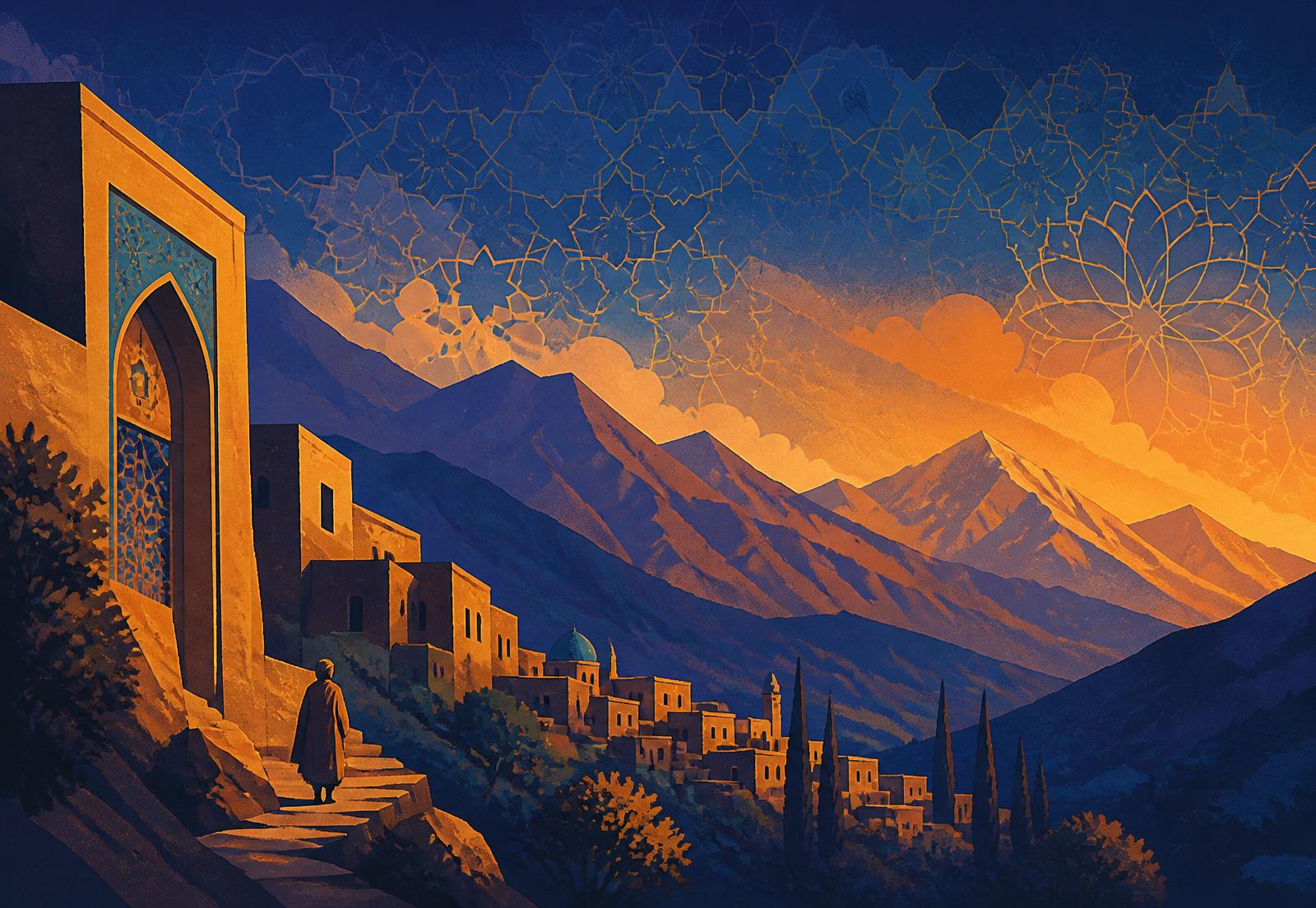 Sunset over an Afghan mountain village with Islamic tilework patterns